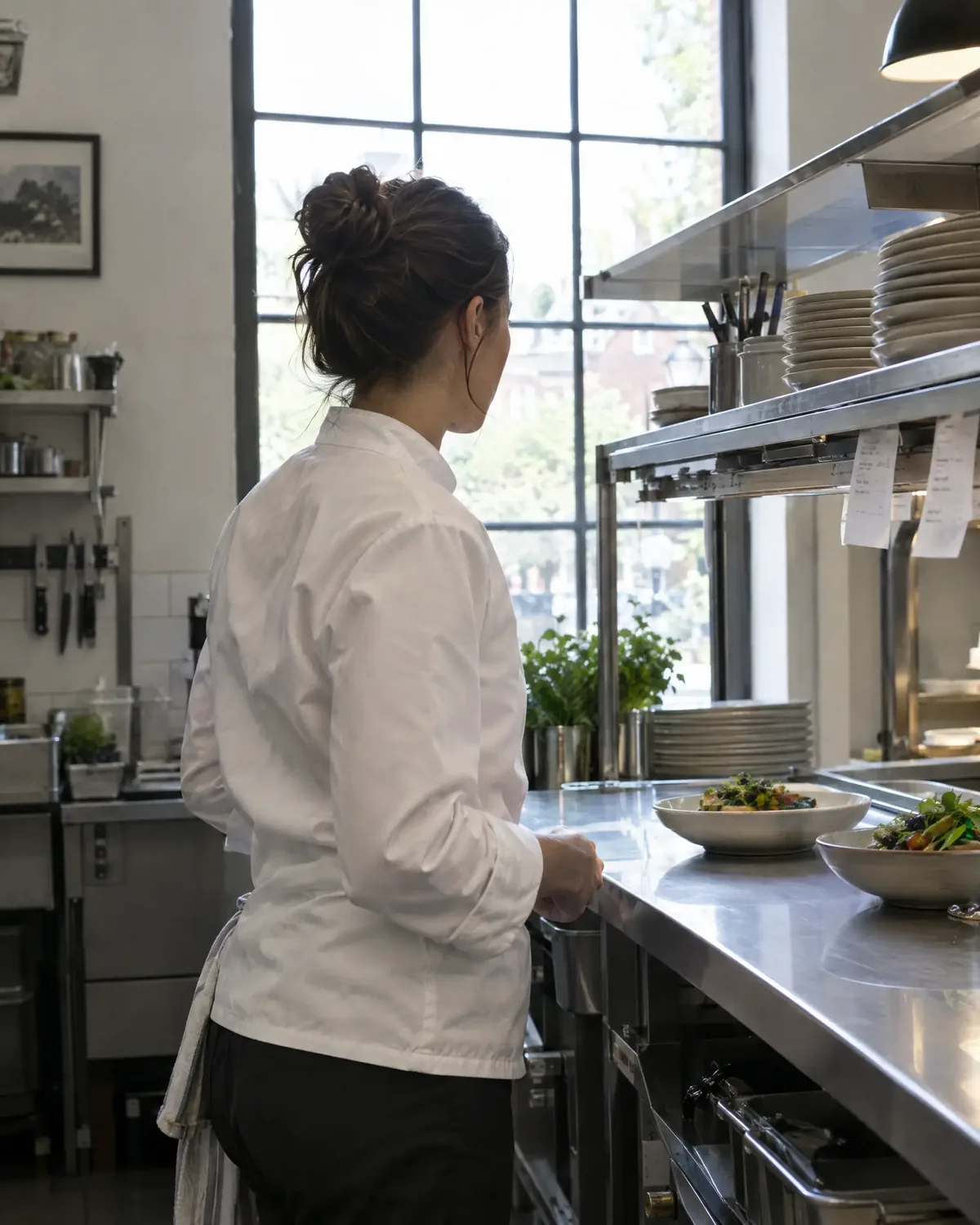 Camille Ferrand at the pass, her back to the window.