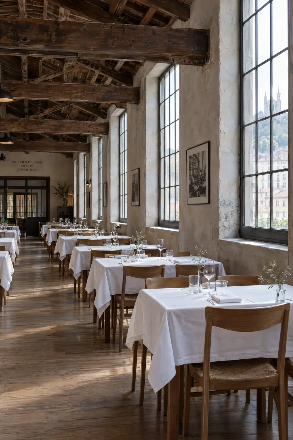 The tables in the dining room, under the old workshop beams.