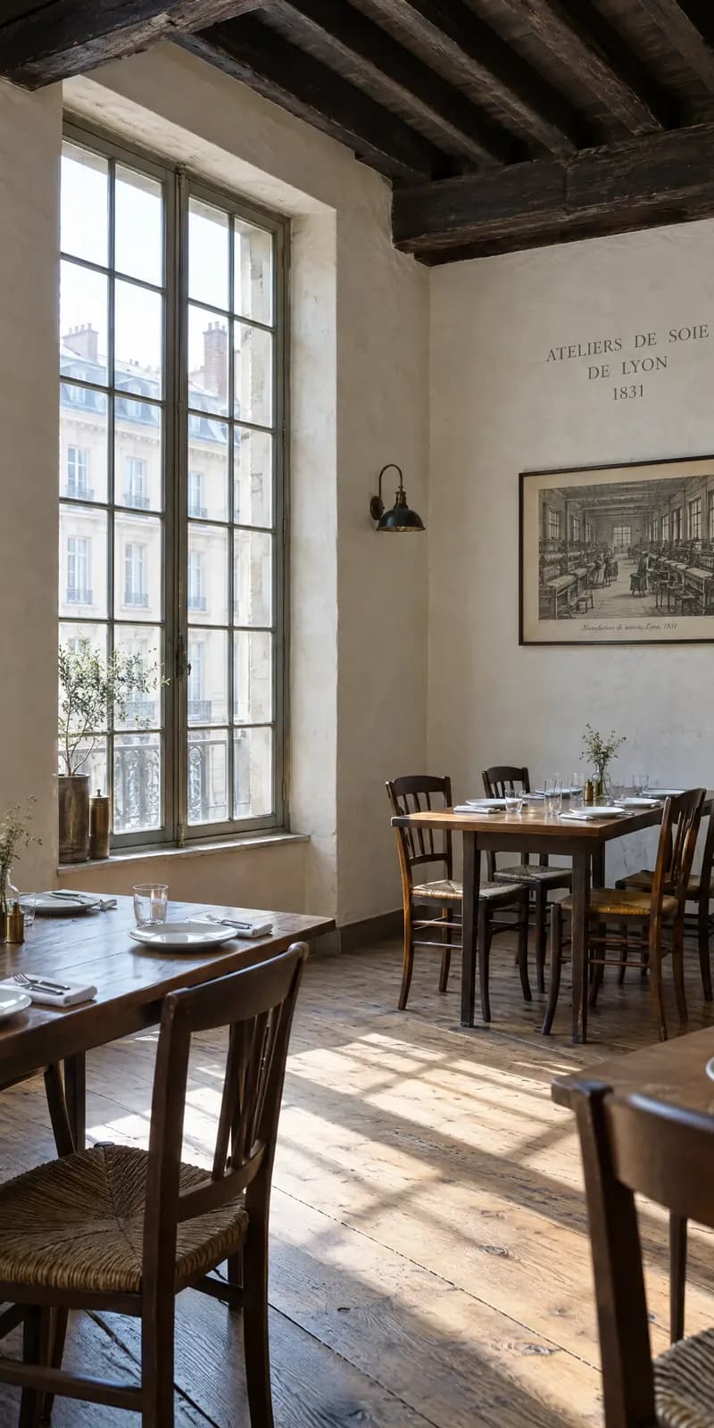 The dining room: a two-metre window, morning light on the original floor.