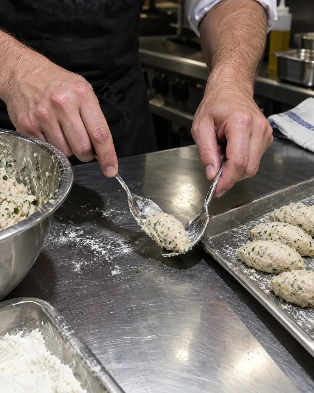 Hands shaping quenelles on the steel counter of the kitchen.
