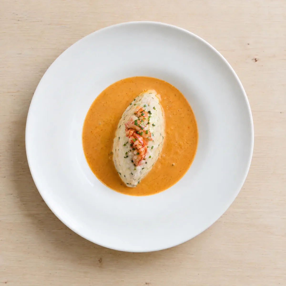 From above: a pike quenelle with Nantua sauce on a plain white plate.