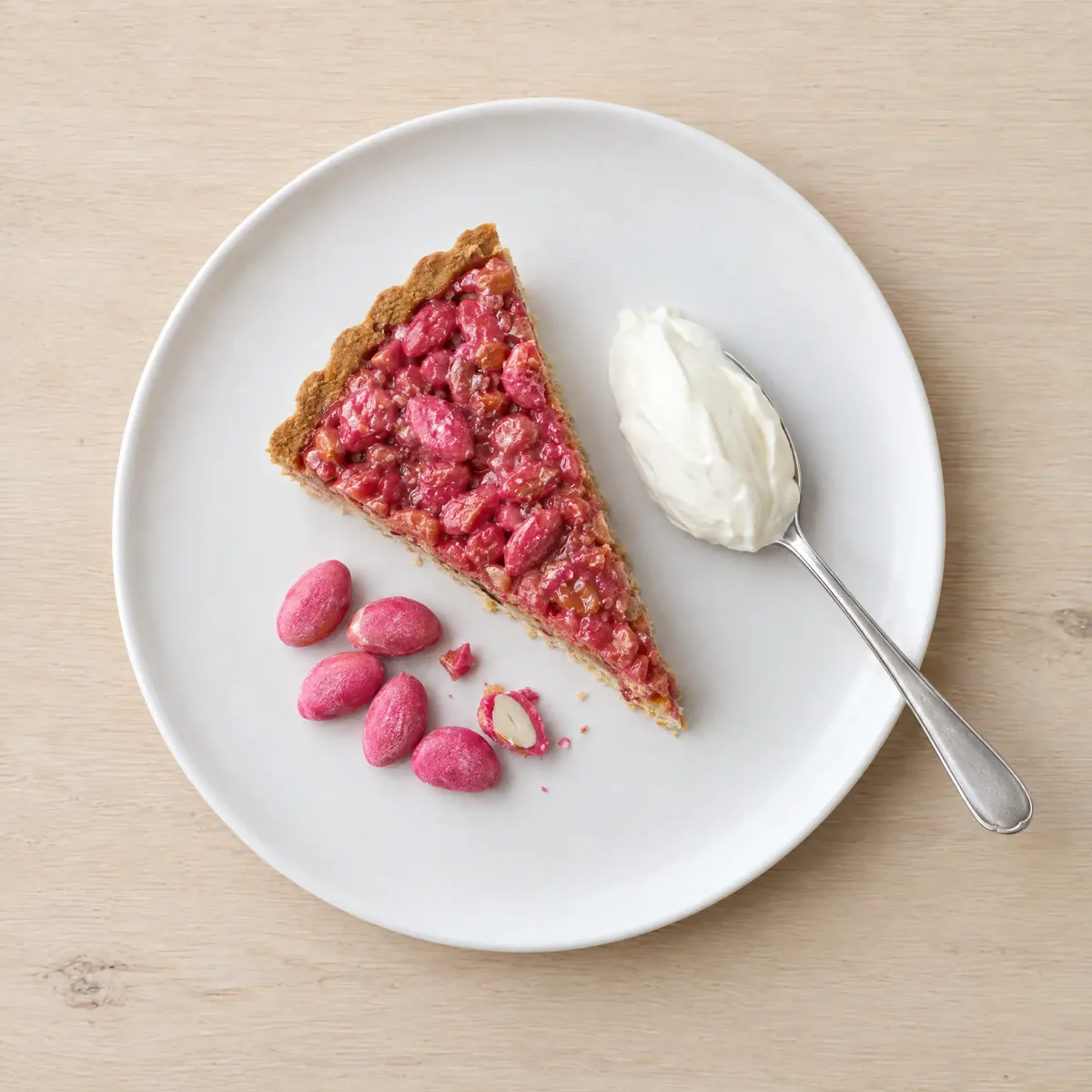 From above: a slice of pink praline tart.