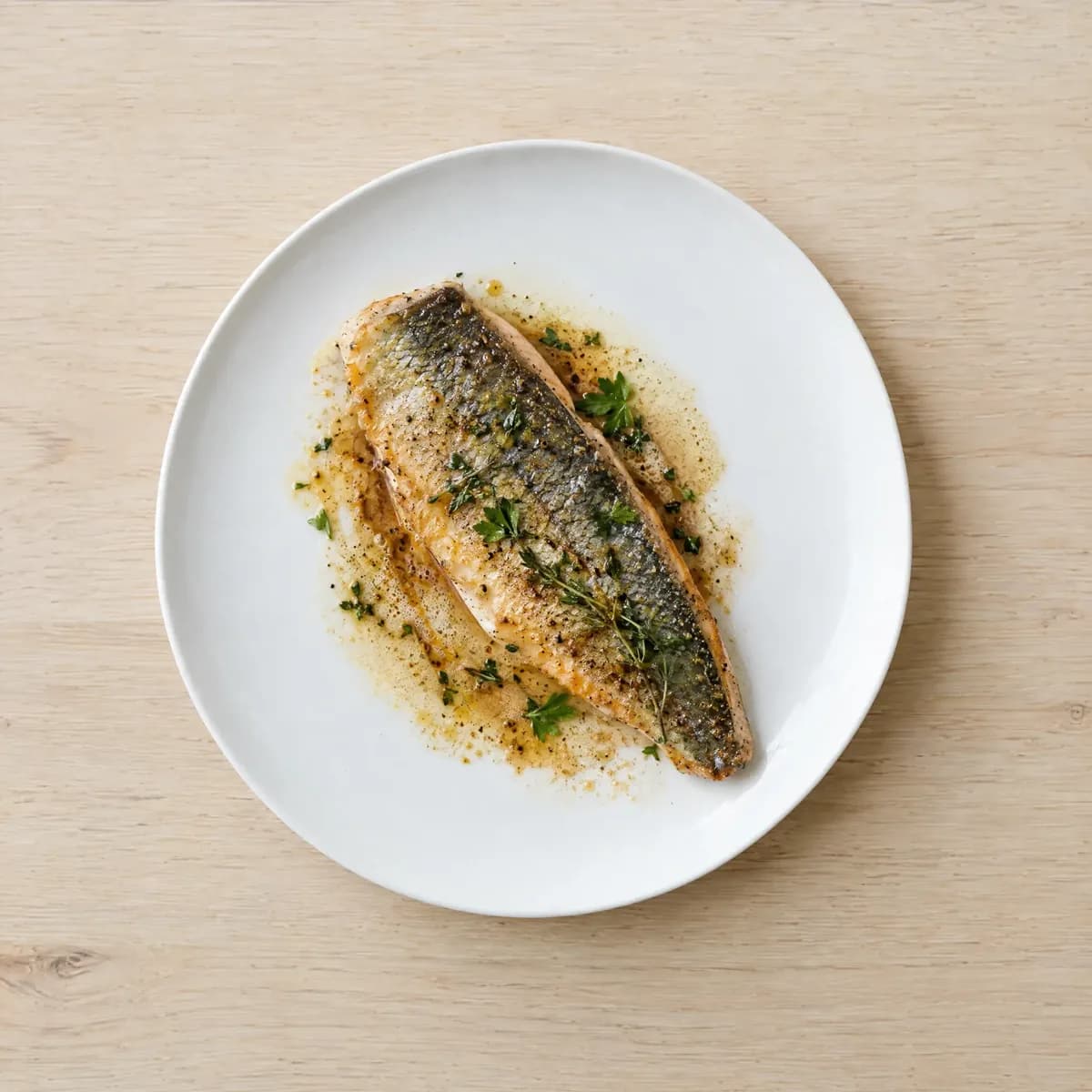From above: Bugey trout, brown butter, plain white plate.