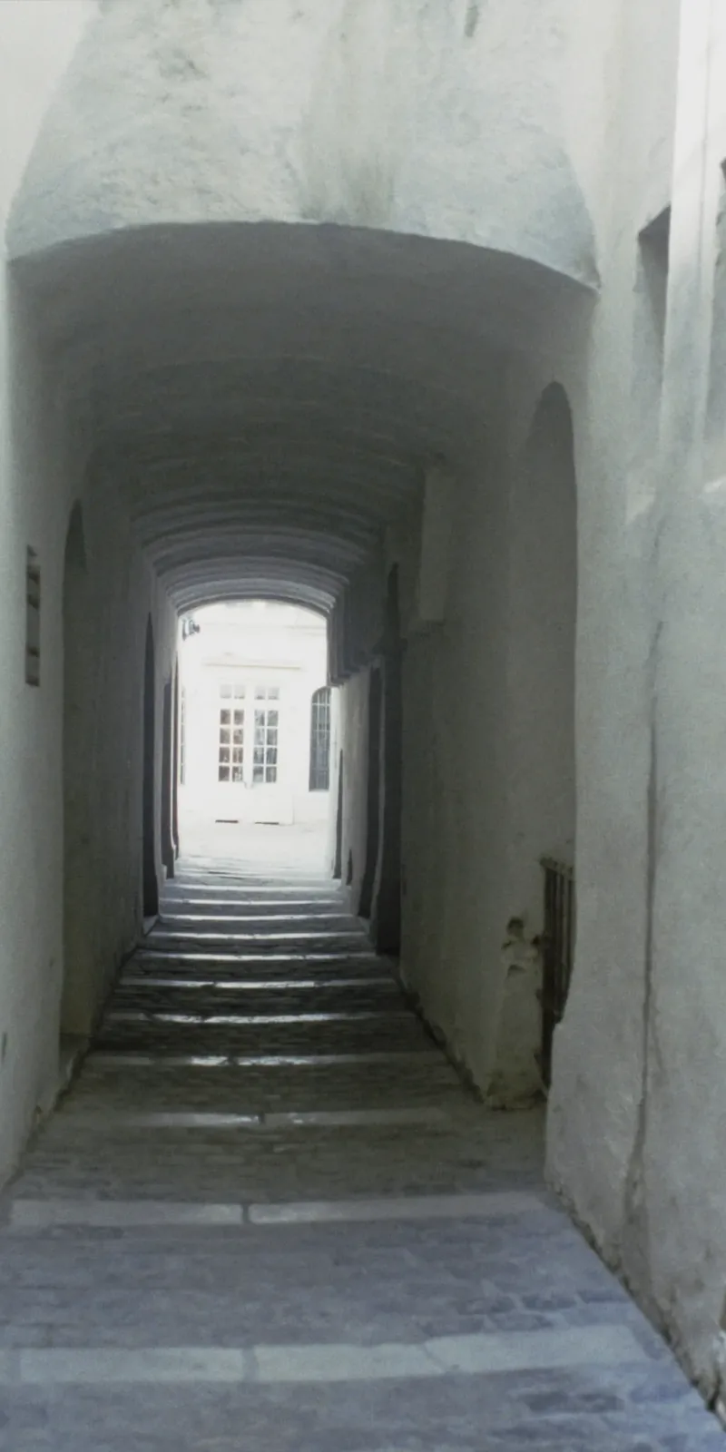The vaulted traboule running beside the building to the courtyard.