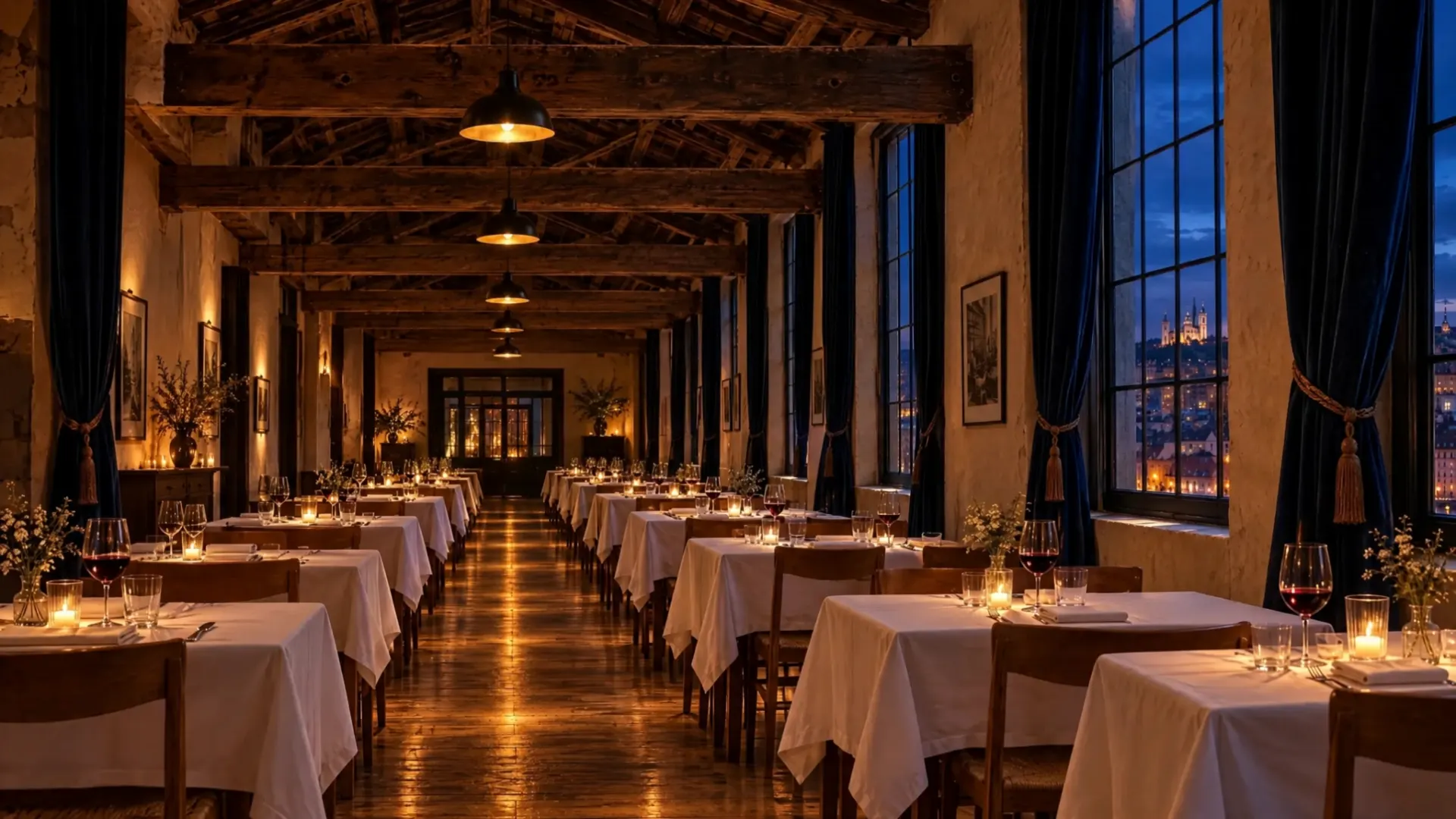 Navette's dining room at blue hour: the long room under the beams, candles on the laid tables, Fourvière lit up beyond the tall windows.
